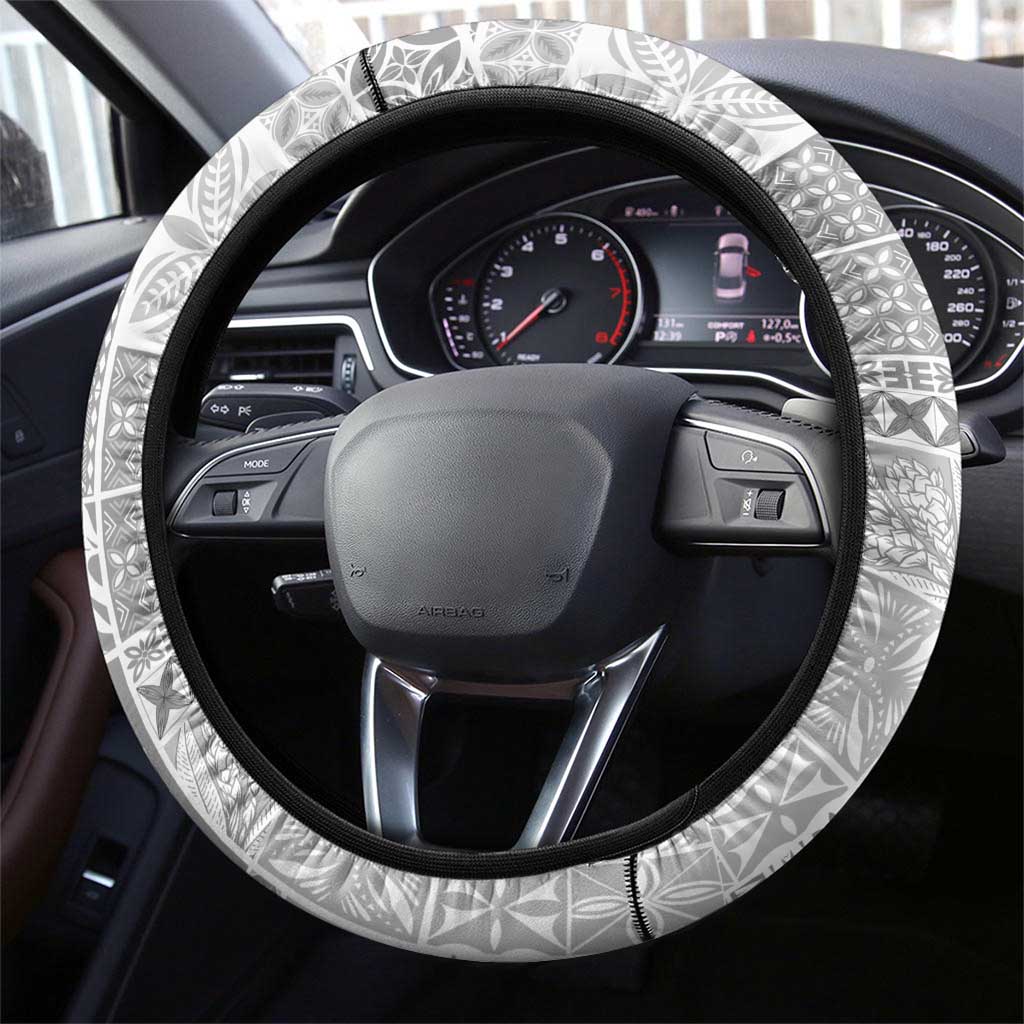 Samoa Siapo White Sunday Steering Wheel Cover Lotu Tamaiti Polynesian White Pattern - Polynesian Pride