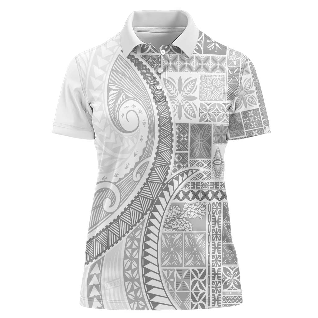 Samoa Siapo White Sunday Women Polo Shirt Lotu Tamaiti Polynesian White Pattern - Polynesian Pride