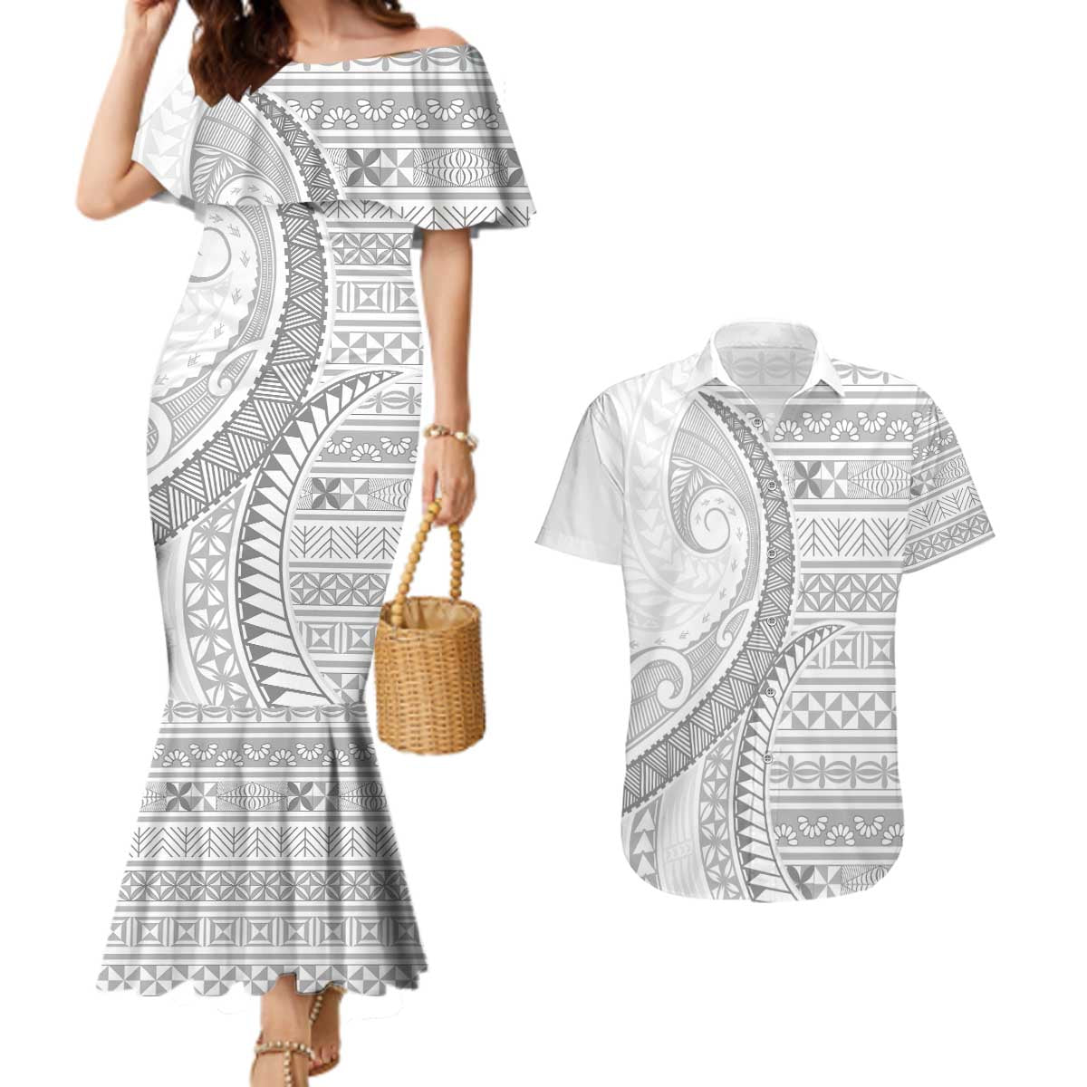 Tokelau White Sunday Couples Matching Mermaid Dress and Hawaiian Shirt Lotu Tamaiti Ngatu Tokelau Feletoa Manulua LT9 White - Polynesian Pride