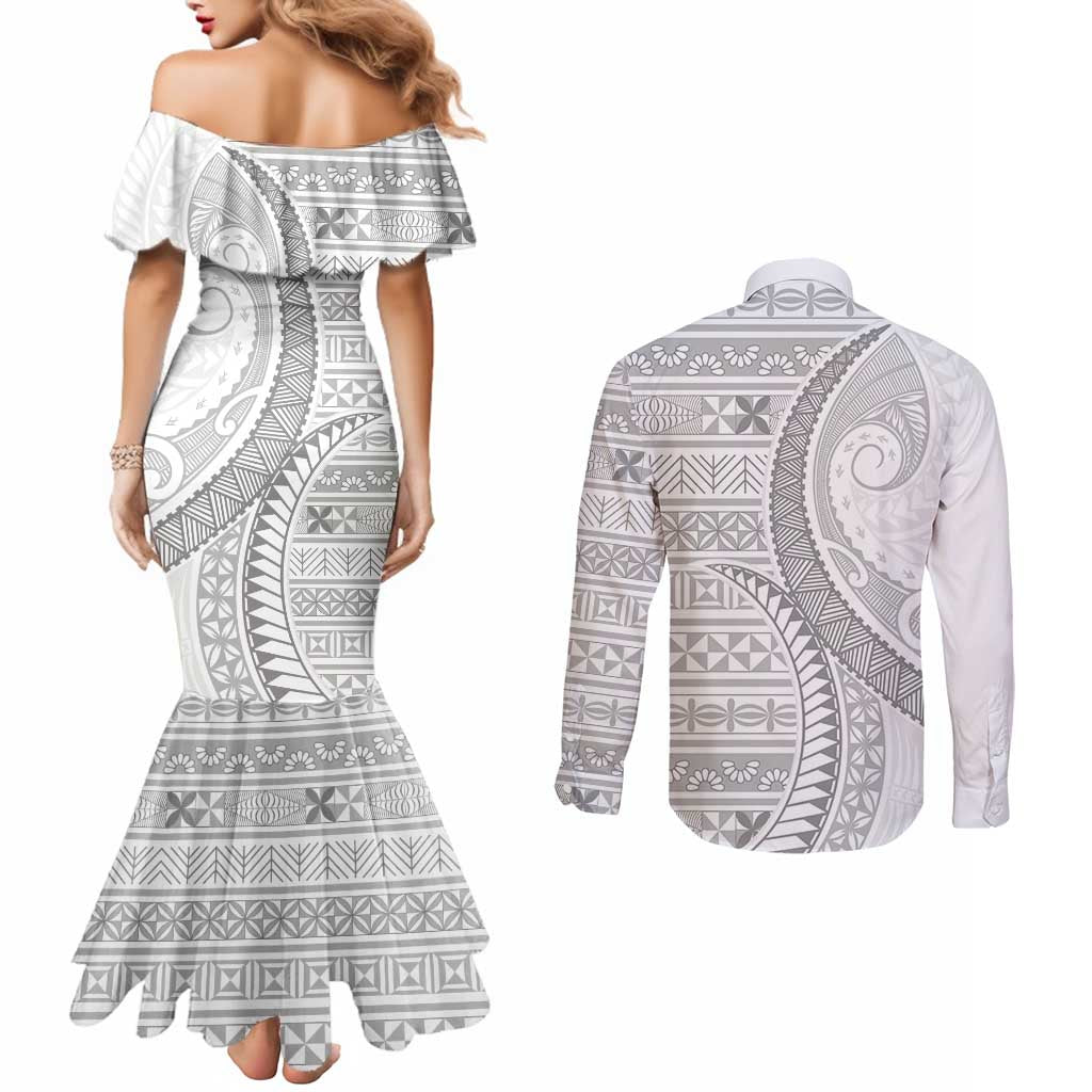 Tokelau White Sunday Couples Matching Mermaid Dress and Long Sleeve Button Shirt Lotu Tamaiti Ngatu Tokelau Feletoa Manulua LT9 - Polynesian Pride