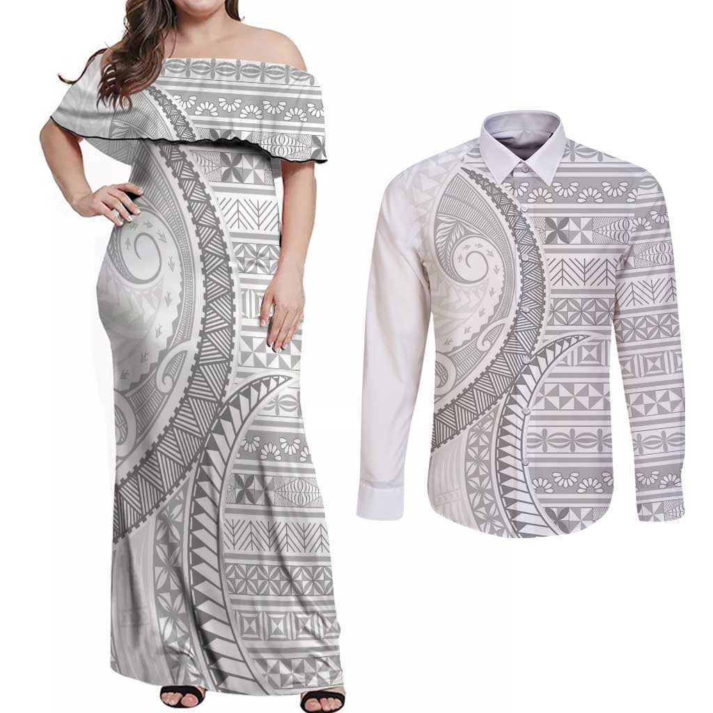 Tokelau White Sunday Couples Matching Off Shoulder Maxi Dress and Long Sleeve Button Shirt Lotu Tamaiti Ngatu Tokelau Feletoa Manulua LT9 White - Polynesian Pride