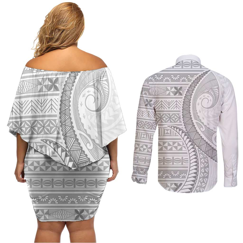 Tokelau White Sunday Couples Matching Off Shoulder Short Dress and Long Sleeve Button Shirt Lotu Tamaiti Ngatu Tokelau Feletoa Manulua LT9 - Polynesian Pride