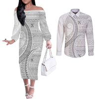 Tokelau White Sunday Couples Matching Off The Shoulder Long Sleeve Dress and Long Sleeve Button Shirt Lotu Tamaiti Ngatu Tokelau Feletoa Manulua LT9 White - Polynesian Pride