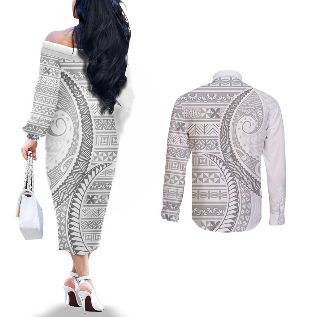 Tokelau White Sunday Couples Matching Off The Shoulder Long Sleeve Dress and Long Sleeve Button Shirt Lotu Tamaiti Ngatu Tokelau Feletoa Manulua LT9 - Polynesian Pride
