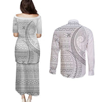Tokelau White Sunday Couples Matching Puletasi and Long Sleeve Button Shirt Lotu Tamaiti Ngatu Tokelau Feletoa Manulua LT9 - Polynesian Pride