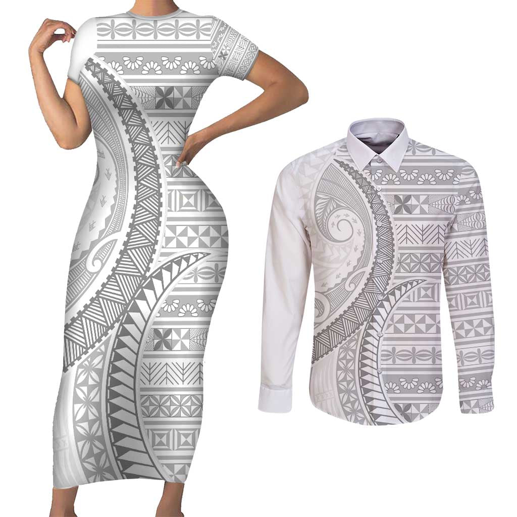 Tokelau White Sunday Couples Matching Short Sleeve Bodycon Dress and Long Sleeve Button Shirt Lotu Tamaiti Ngatu Tokelau Feletoa Manulua LT9 White - Polynesian Pride