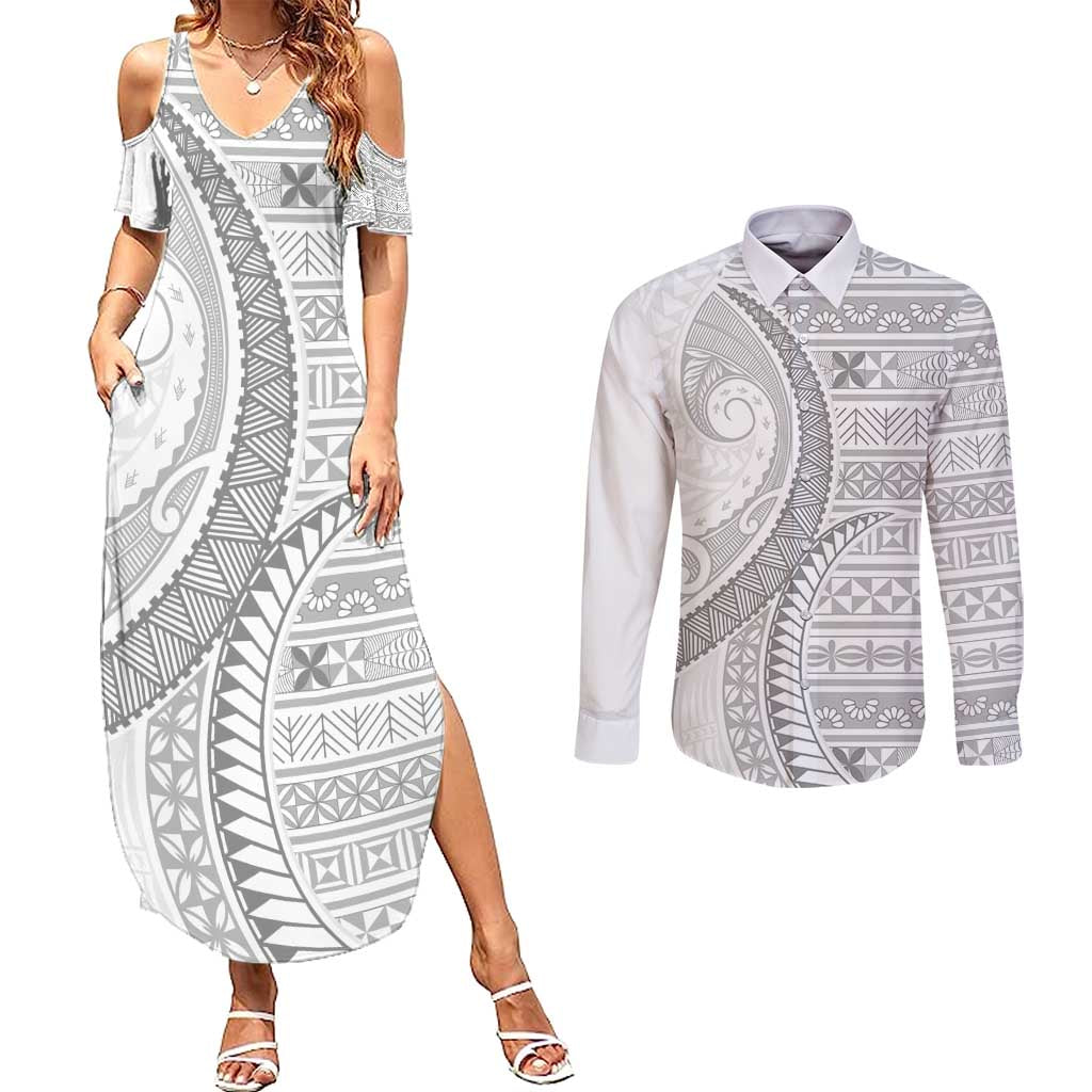 Tokelau White Sunday Couples Matching Summer Maxi Dress and Long Sleeve Button Shirt Lotu Tamaiti Ngatu Tokelau Feletoa Manulua LT9 White - Polynesian Pride