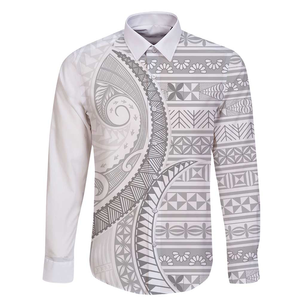 Tokelau White Sunday Family Matching Off Shoulder Maxi Dress and Hawaiian Shirt Lotu Tamaiti Ngatu Tokelau Feletoa Manulua LT9 Dad's Shirt - Long Sleeve White - Polynesian Pride