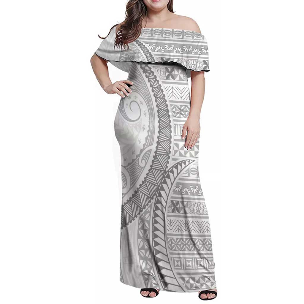 Tokelau White Sunday Family Matching Off Shoulder Maxi Dress and Hawaiian Shirt Lotu Tamaiti Ngatu Tokelau Feletoa Manulua LT9 Mom's Dress White - Polynesian Pride