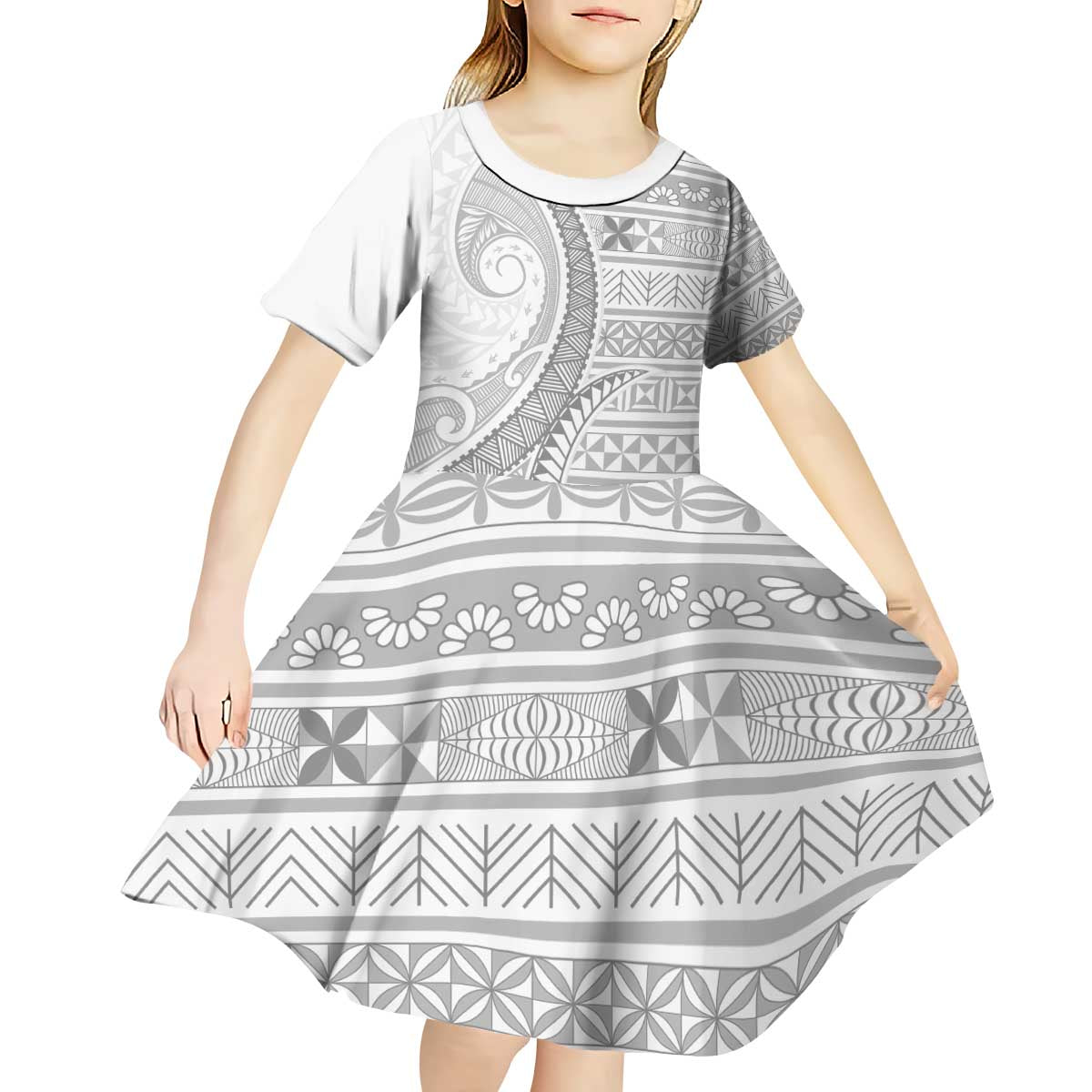 Tokelau White Sunday Kid Short Sleeve Dress Lotu Tamaiti Ngatu Tokelau Feletoa Manulua LT9 - Polynesian Pride