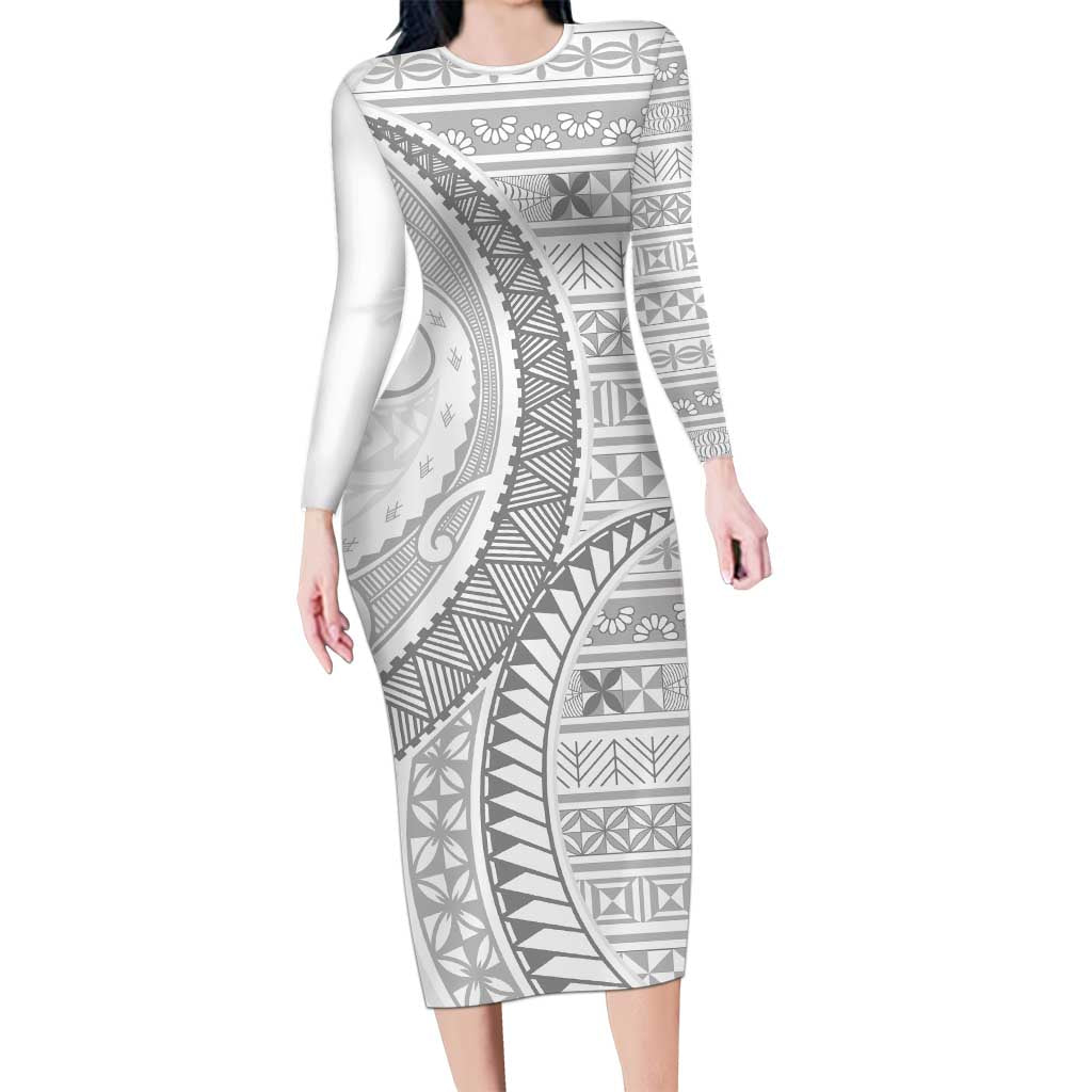 Tokelau White Sunday Long Sleeve Bodycon Dress Lotu Tamaiti Ngatu Tokelau Feletoa Manulua LT9 Long Dress White - Polynesian Pride