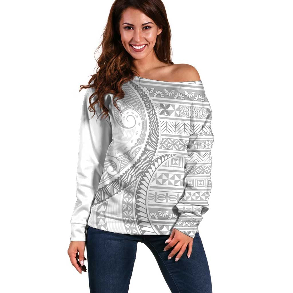 Tokelau White Sunday Off Shoulder Sweater Lotu Tamaiti Ngatu Tokelau Feletoa Manulua LT9 Women White - Polynesian Pride