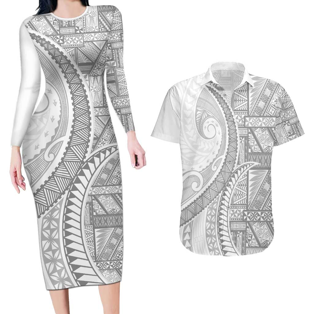 Tonga White Sunday Couples Matching Long Sleeve Bodycon Dress and Hawaiian Shirt Lotu Tamaiti Ngatu Tribal LT9 White - Polynesian Pride