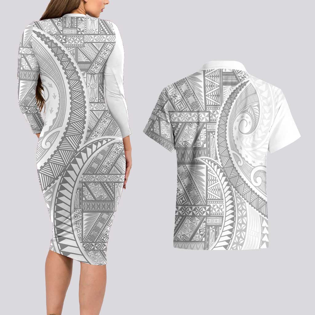 Tonga White Sunday Couples Matching Long Sleeve Bodycon Dress and Hawaiian Shirt Lotu Tamaiti Ngatu Tribal LT9 - Polynesian Pride