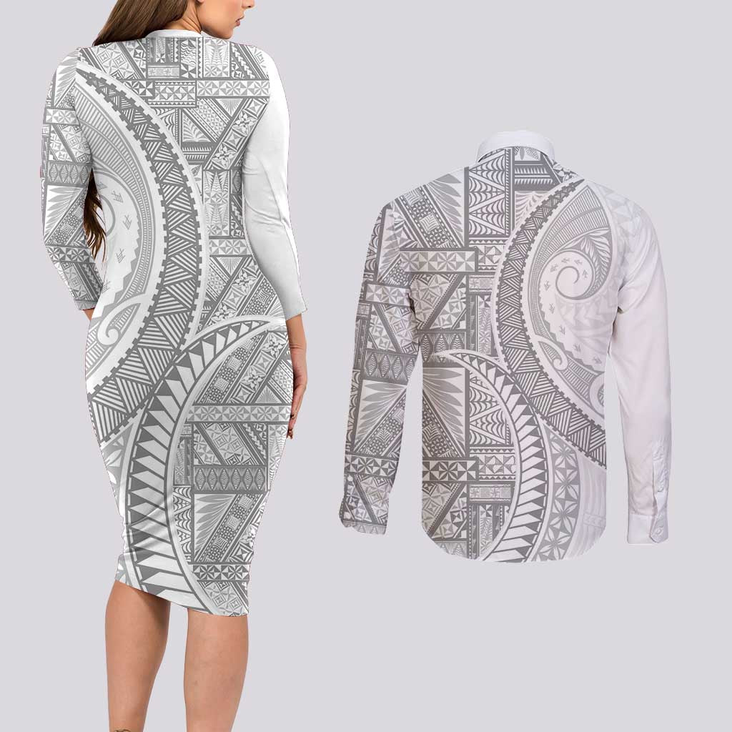 Tonga White Sunday Couples Matching Long Sleeve Bodycon Dress and Long Sleeve Button Shirt Lotu Tamaiti Ngatu Tribal LT9 - Polynesian Pride