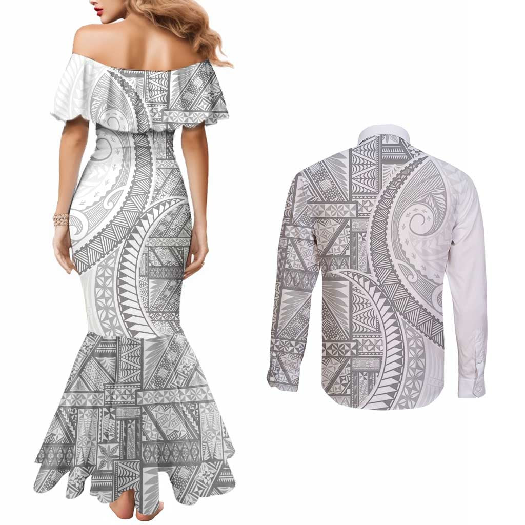Tonga White Sunday Couples Matching Mermaid Dress and Long Sleeve Button Shirt Lotu Tamaiti Ngatu Tribal LT9 - Polynesian Pride
