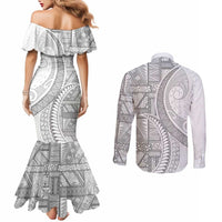 Tonga White Sunday Couples Matching Mermaid Dress and Long Sleeve Button Shirt Lotu Tamaiti Ngatu Tribal LT9 - Polynesian Pride