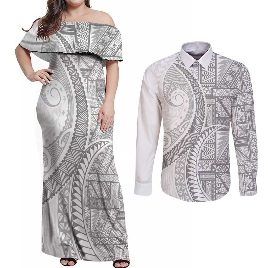 Tonga White Sunday Couples Matching Off Shoulder Maxi Dress and Long Sleeve Button Shirt Lotu Tamaiti Ngatu Tribal LT9 White - Polynesian Pride