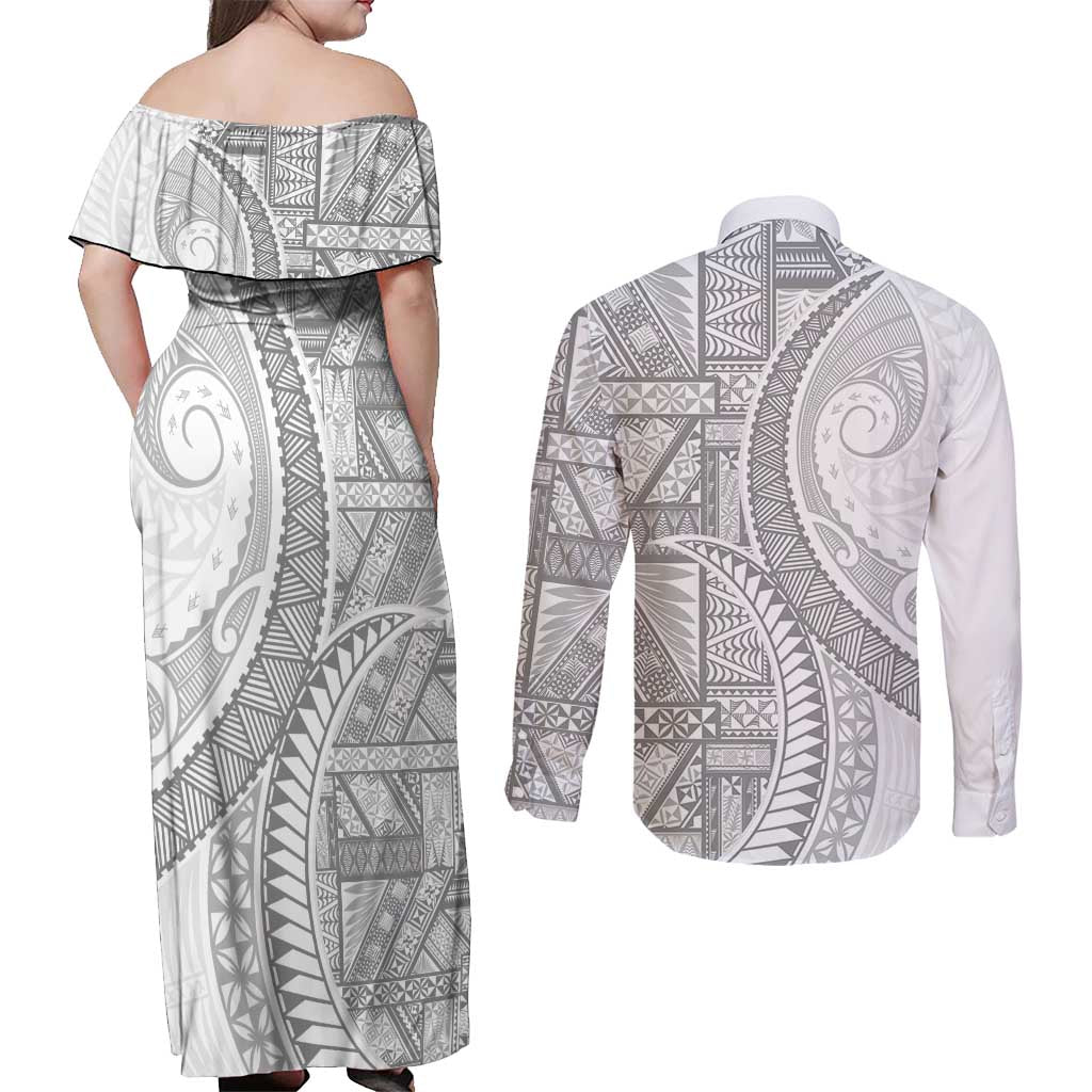 Tonga White Sunday Couples Matching Off Shoulder Maxi Dress and Long Sleeve Button Shirt Lotu Tamaiti Ngatu Tribal LT9 - Polynesian Pride
