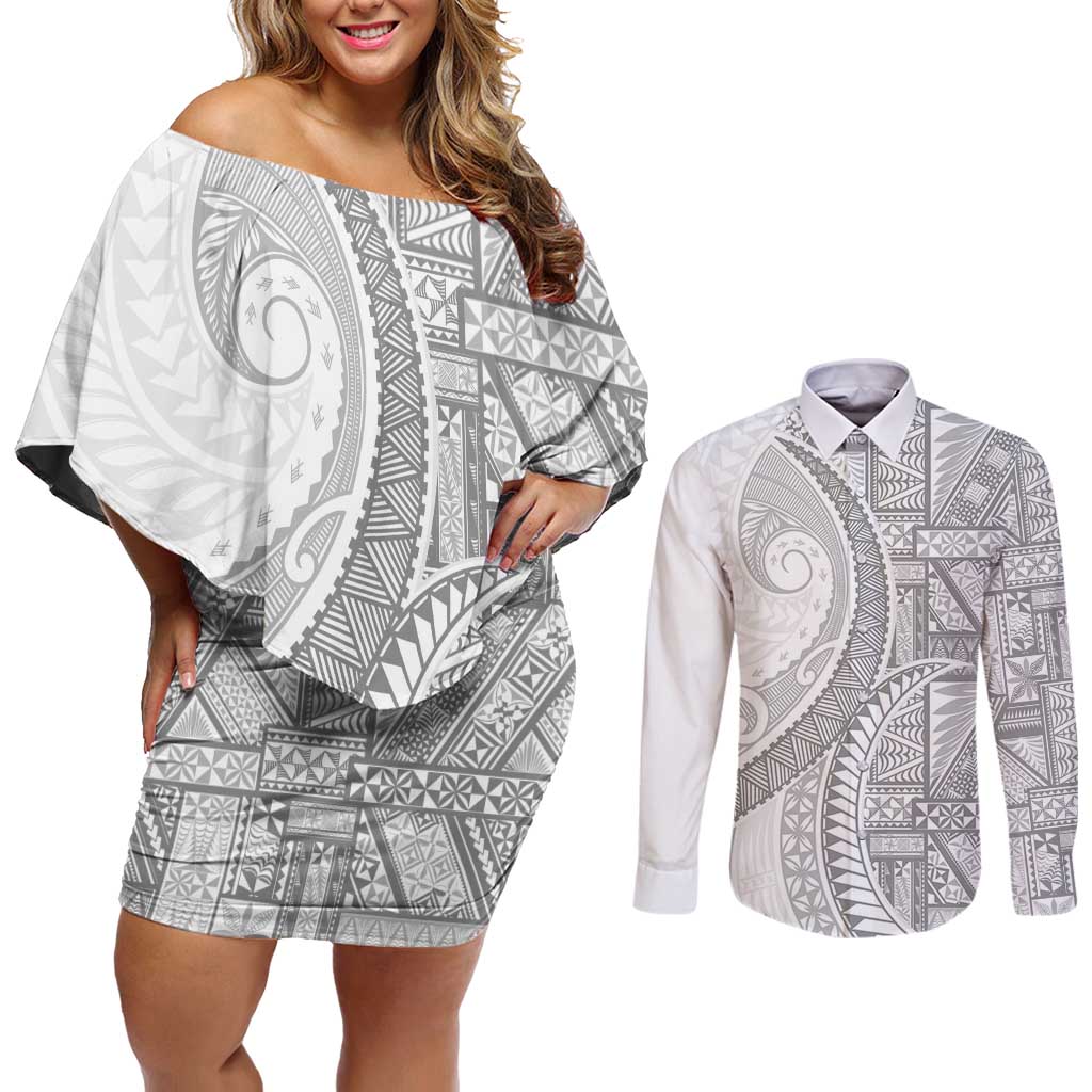 Tonga White Sunday Couples Matching Off Shoulder Short Dress and Long Sleeve Button Shirt Lotu Tamaiti Ngatu Tribal LT9 White - Polynesian Pride