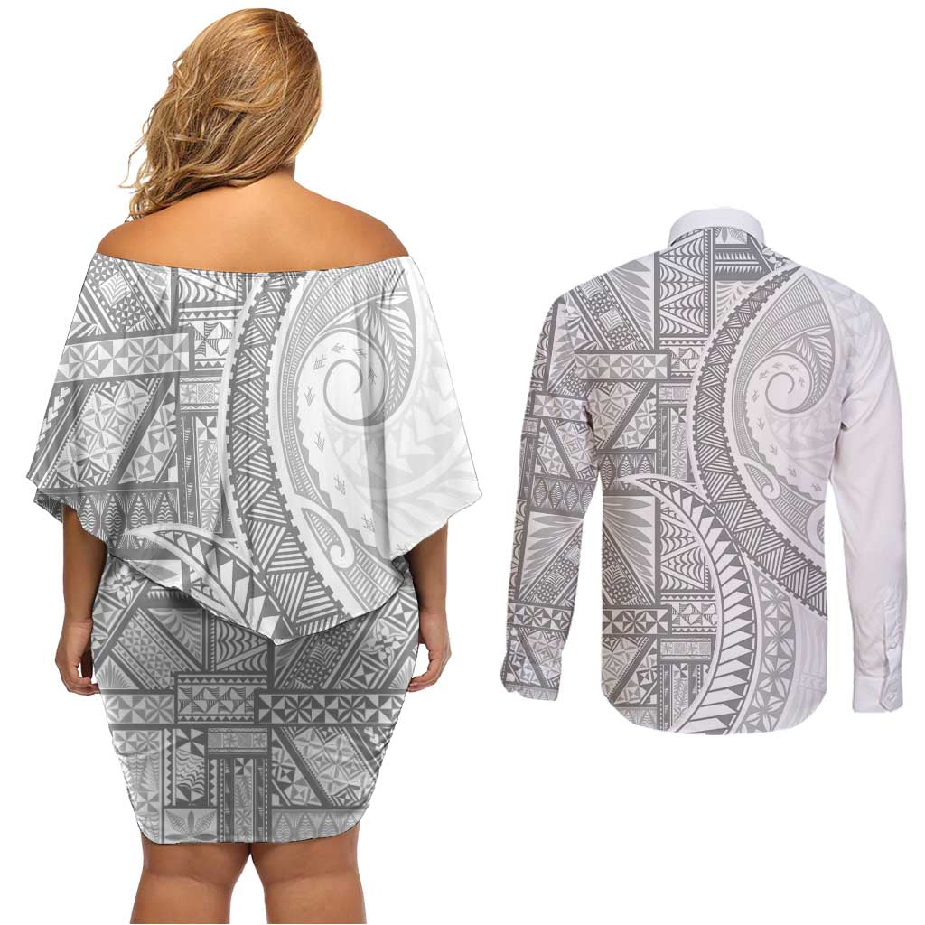 Tonga White Sunday Couples Matching Off Shoulder Short Dress and Long Sleeve Button Shirt Lotu Tamaiti Ngatu Tribal LT9 - Polynesian Pride