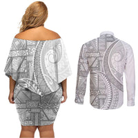 Tonga White Sunday Couples Matching Off Shoulder Short Dress and Long Sleeve Button Shirt Lotu Tamaiti Ngatu Tribal LT9 - Polynesian Pride
