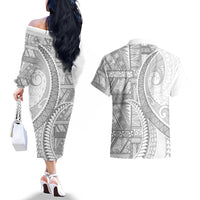 Tonga White Sunday Couples Matching Off The Shoulder Long Sleeve Dress and Hawaiian Shirt Lotu Tamaiti Ngatu Tribal LT9 - Polynesian Pride