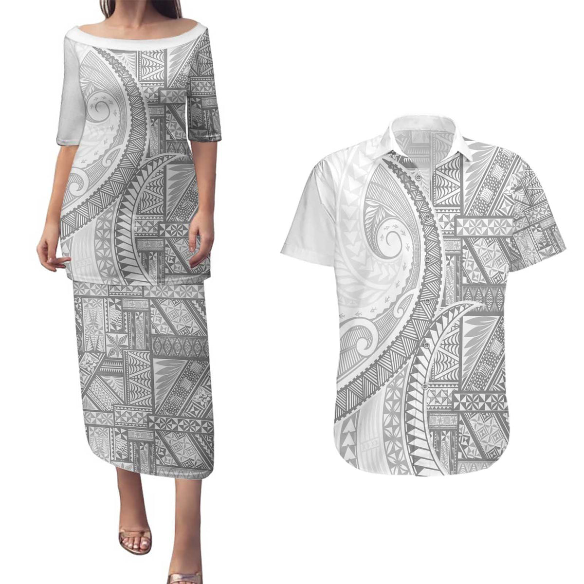 Tonga White Sunday Couples Matching Puletasi and Hawaiian Shirt Lotu Tamaiti Ngatu Tribal LT9 White - Polynesian Pride