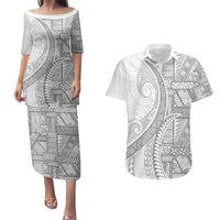 Tonga White Sunday Couples Matching Puletasi and Hawaiian Shirt Lotu Tamaiti Ngatu Tribal LT9 White - Polynesian Pride