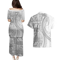 Tonga White Sunday Couples Matching Puletasi and Hawaiian Shirt Lotu Tamaiti Ngatu Tribal LT9 - Polynesian Pride