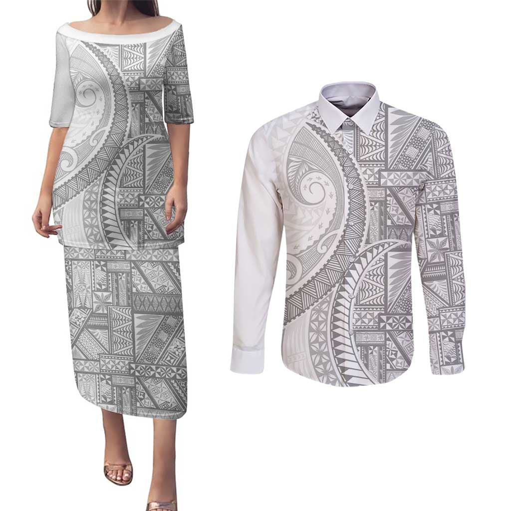 Tonga White Sunday Couples Matching Puletasi and Long Sleeve Button Shirt Lotu Tamaiti Ngatu Tribal LT9 White - Polynesian Pride