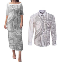 Tonga White Sunday Couples Matching Puletasi and Long Sleeve Button Shirt Lotu Tamaiti Ngatu Tribal LT9 White - Polynesian Pride