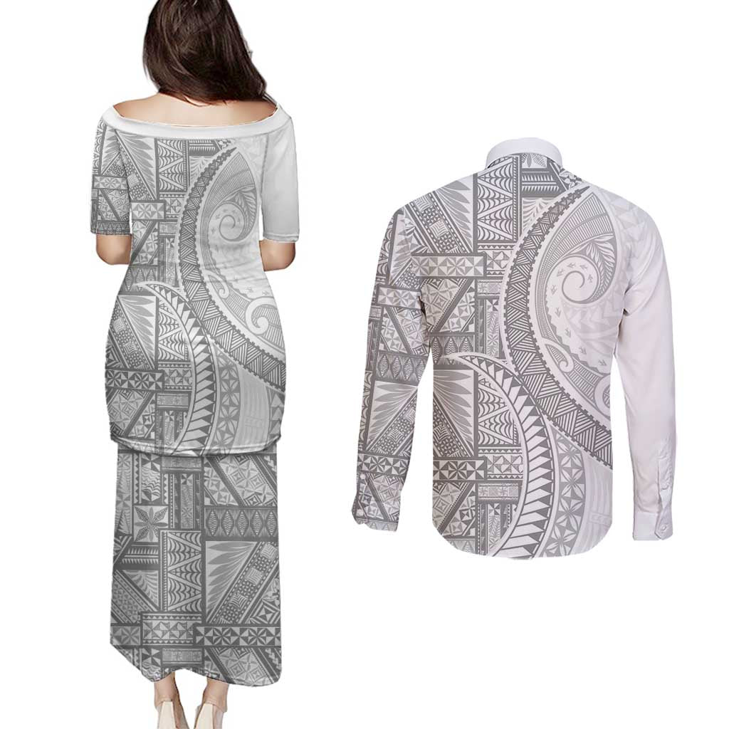 Tonga White Sunday Couples Matching Puletasi and Long Sleeve Button Shirt Lotu Tamaiti Ngatu Tribal LT9 - Polynesian Pride