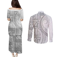 Tonga White Sunday Couples Matching Puletasi and Long Sleeve Button Shirt Lotu Tamaiti Ngatu Tribal LT9 - Polynesian Pride