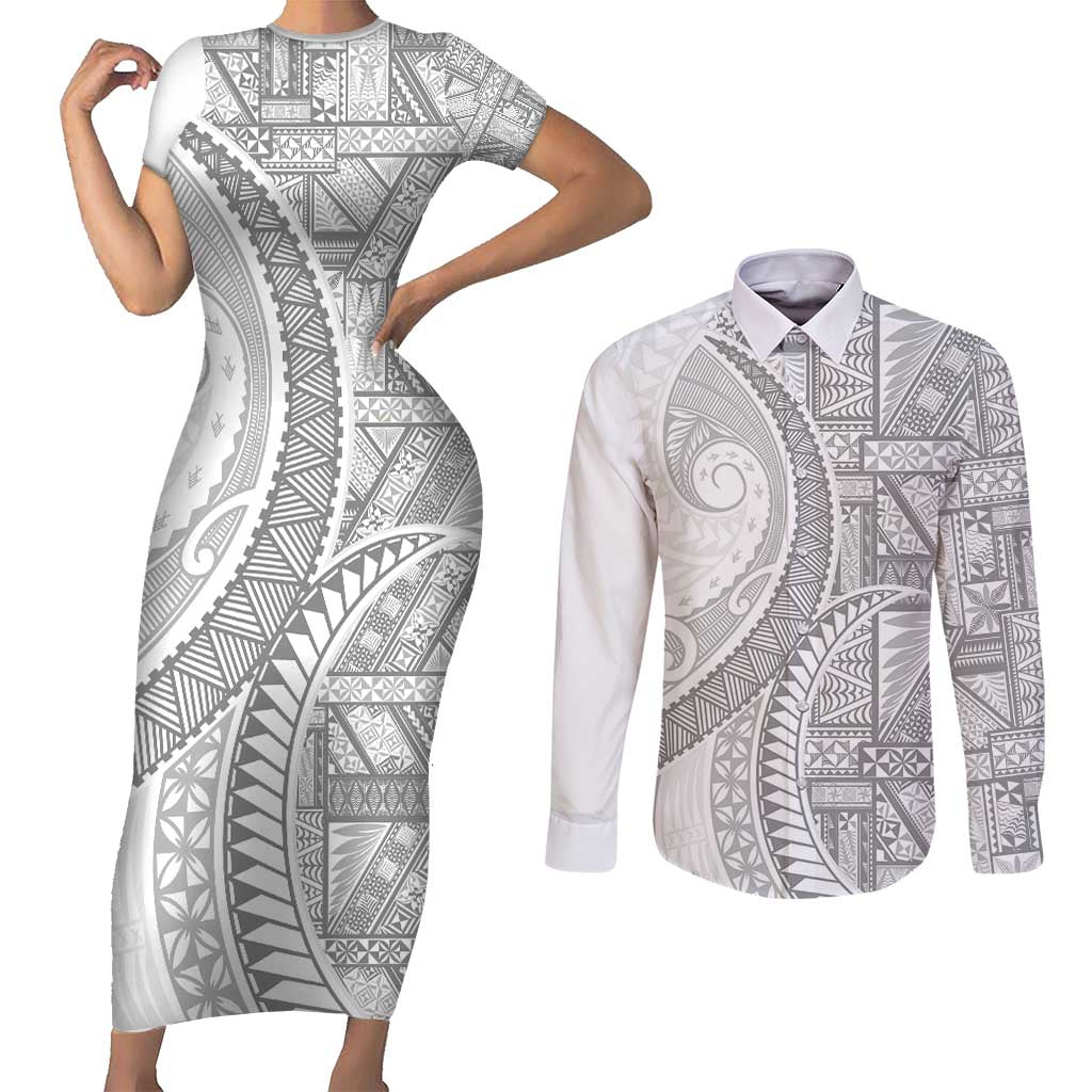 Tonga White Sunday Couples Matching Short Sleeve Bodycon Dress and Long Sleeve Button Shirt Lotu Tamaiti Ngatu Tribal LT9 White - Polynesian Pride