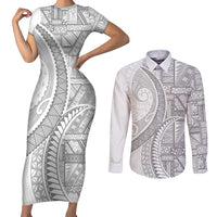 Tonga White Sunday Couples Matching Short Sleeve Bodycon Dress and Long Sleeve Button Shirt Lotu Tamaiti Ngatu Tribal LT9 White - Polynesian Pride