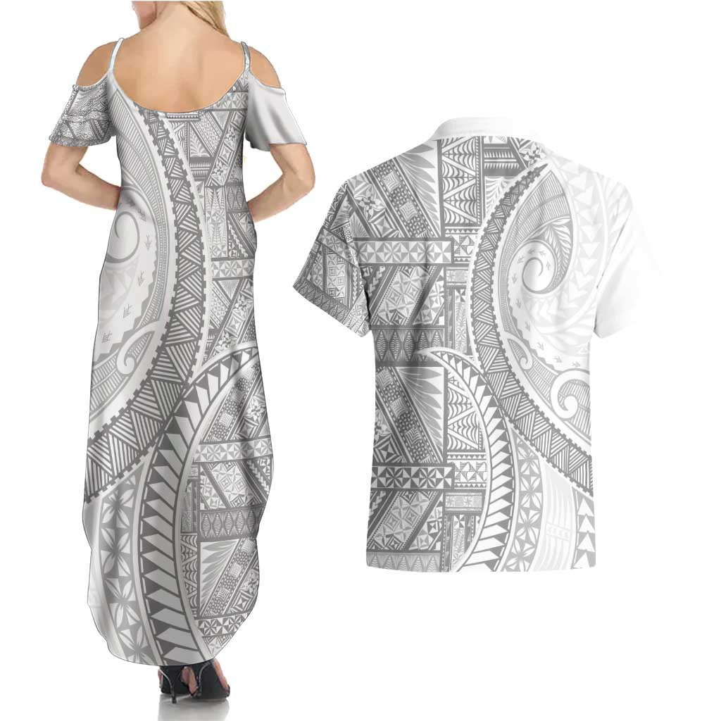 Tonga White Sunday Couples Matching Summer Maxi Dress and Hawaiian Shirt Lotu Tamaiti Ngatu Tribal LT9 - Polynesian Pride