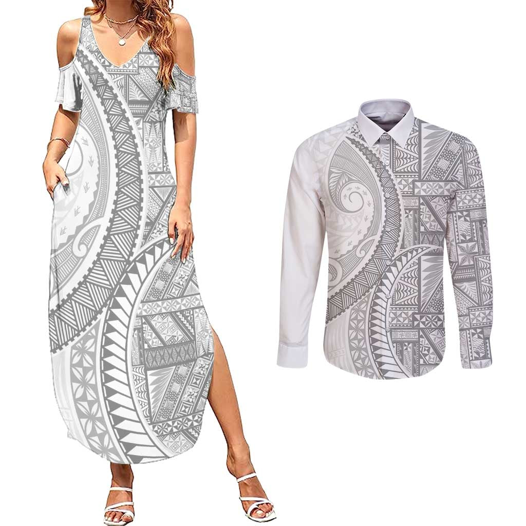 Tonga White Sunday Couples Matching Summer Maxi Dress and Long Sleeve Button Shirt Lotu Tamaiti Ngatu Tribal LT9 White - Polynesian Pride