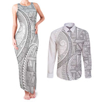 Tonga White Sunday Couples Matching Tank Maxi Dress and Long Sleeve Button Shirt Lotu Tamaiti Ngatu Tribal LT9 White - Polynesian Pride