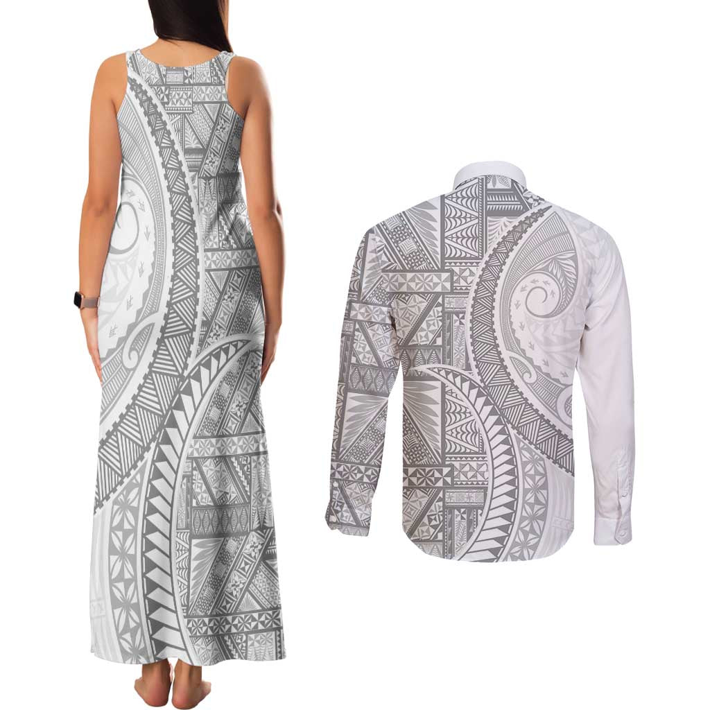 Tonga White Sunday Couples Matching Tank Maxi Dress and Long Sleeve Button Shirt Lotu Tamaiti Ngatu Tribal LT9 - Polynesian Pride