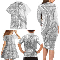 Tonga White Sunday Family Matching Long Sleeve Bodycon Dress and Hawaiian Shirt Lotu Tamaiti Ngatu Tribal LT9 - Polynesian Pride