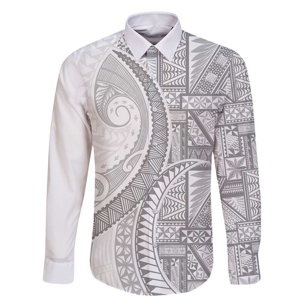 Tonga White Sunday Family Matching Long Sleeve Bodycon Dress and Hawaiian Shirt Lotu Tamaiti Ngatu Tribal LT9 Dad's Shirt - Long Sleeve White - Polynesian Pride