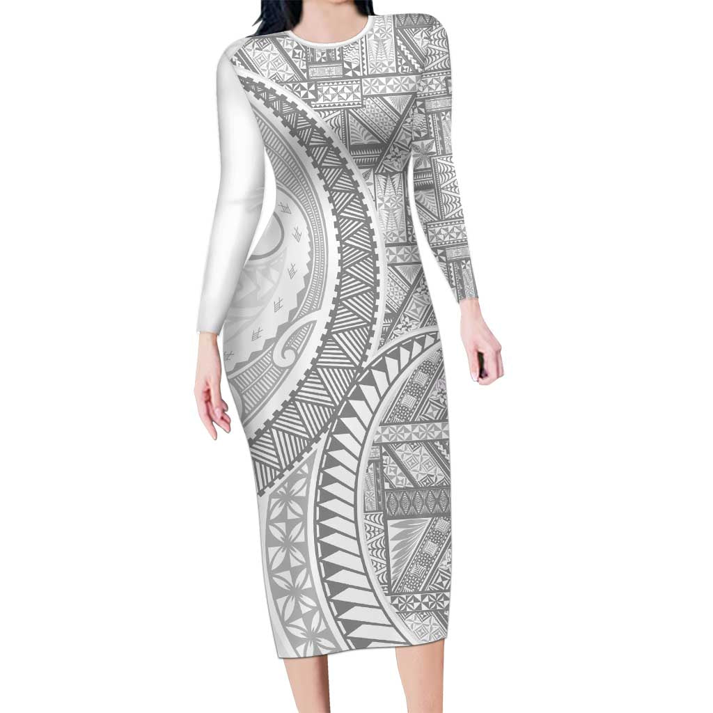 Tonga White Sunday Family Matching Long Sleeve Bodycon Dress and Hawaiian Shirt Lotu Tamaiti Ngatu Tribal LT9 Mom's Dress White - Polynesian Pride