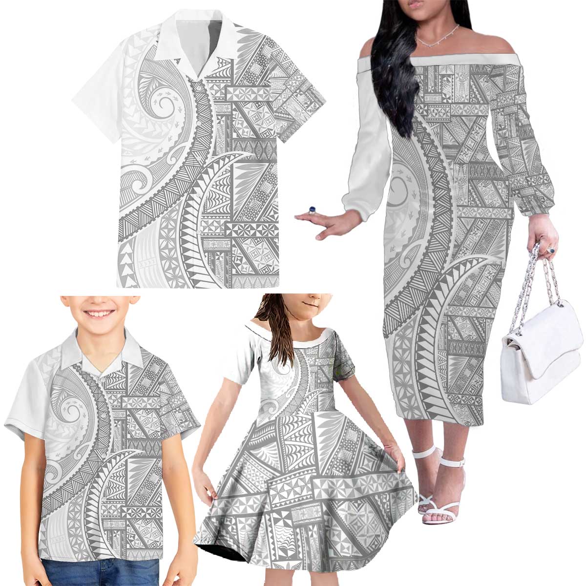 Tonga White Sunday Family Matching Off The Shoulder Long Sleeve Dress and Hawaiian Shirt Lotu Tamaiti Ngatu Tribal LT9 - Polynesian Pride