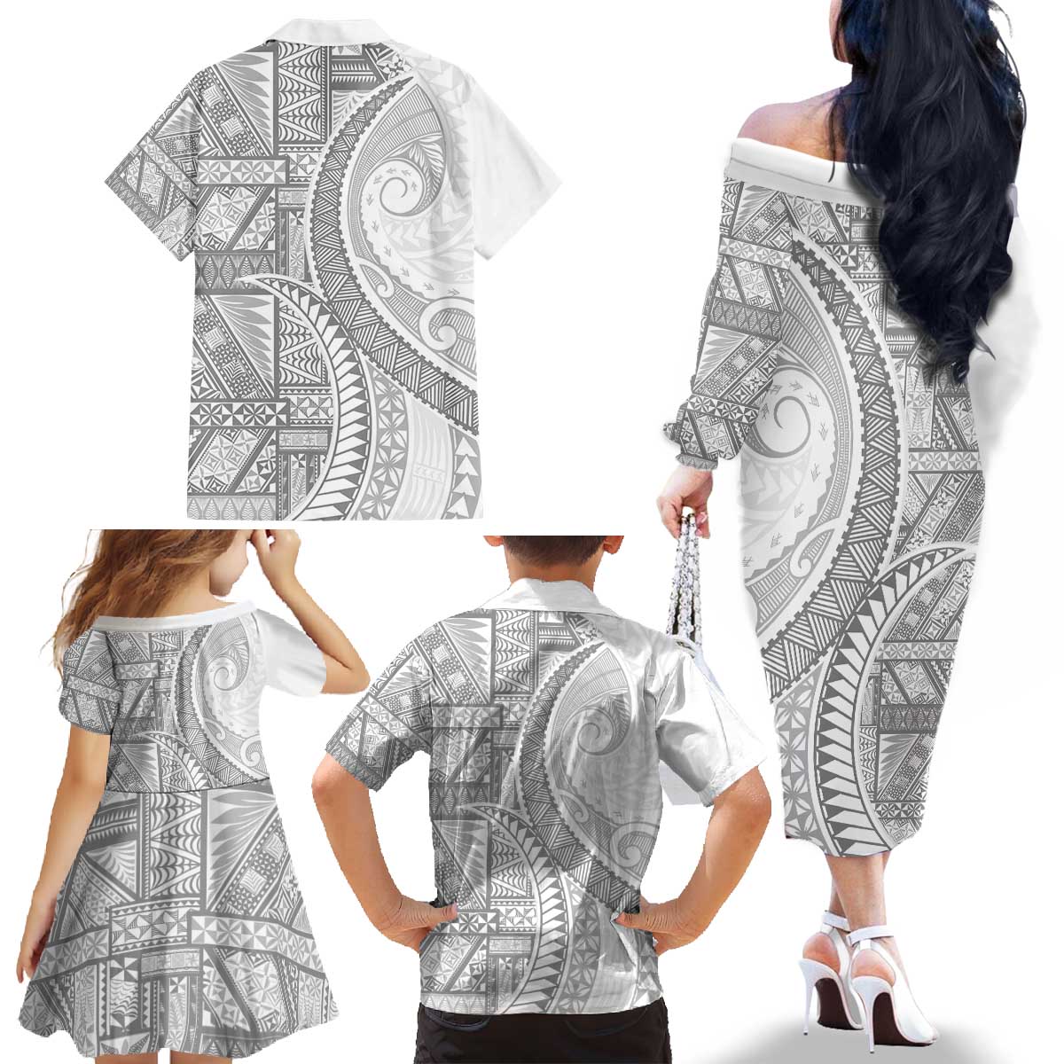 Tonga White Sunday Family Matching Off The Shoulder Long Sleeve Dress and Hawaiian Shirt Lotu Tamaiti Ngatu Tribal LT9 - Polynesian Pride