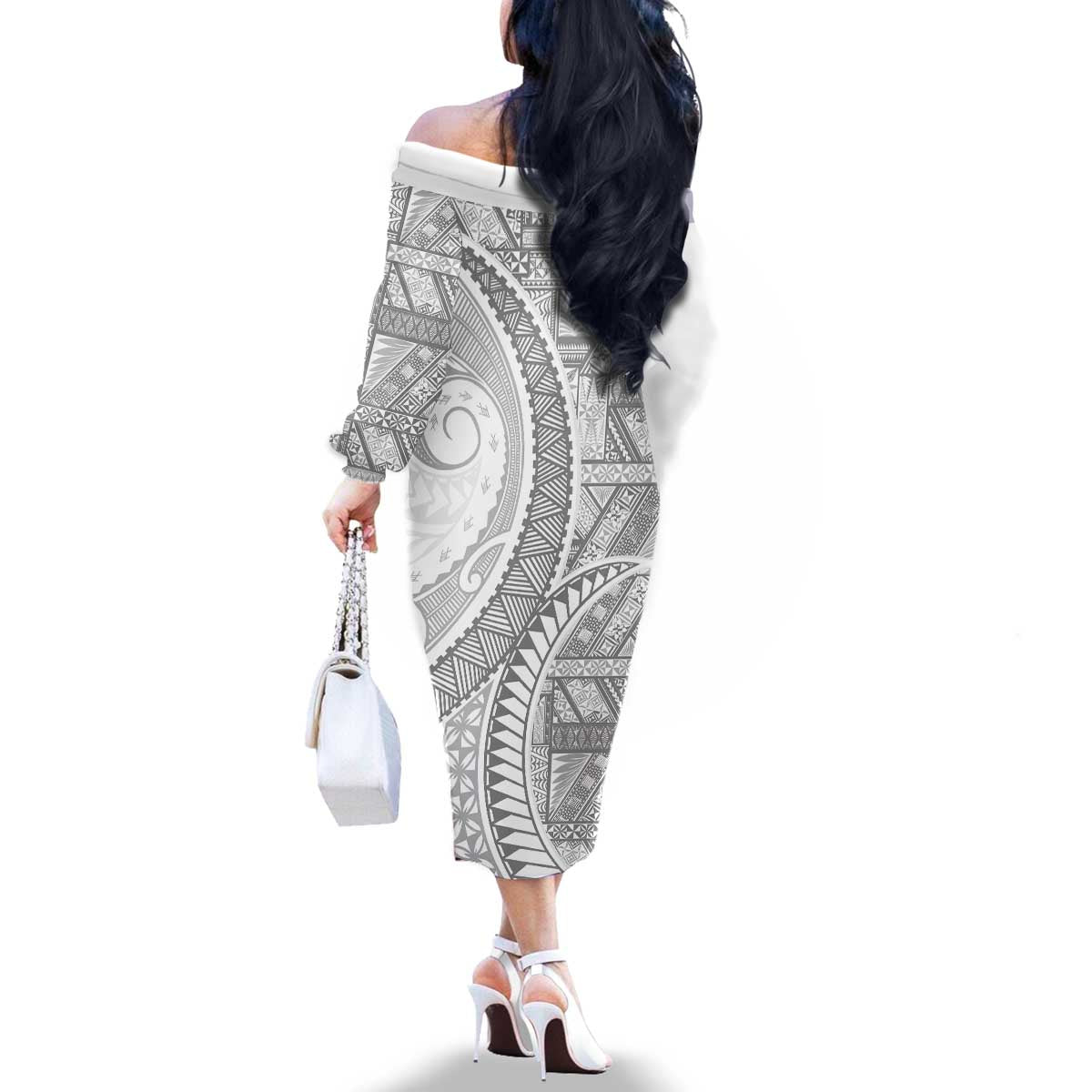 Tonga White Sunday Family Matching Off The Shoulder Long Sleeve Dress and Hawaiian Shirt Lotu Tamaiti Ngatu Tribal LT9 - Polynesian Pride