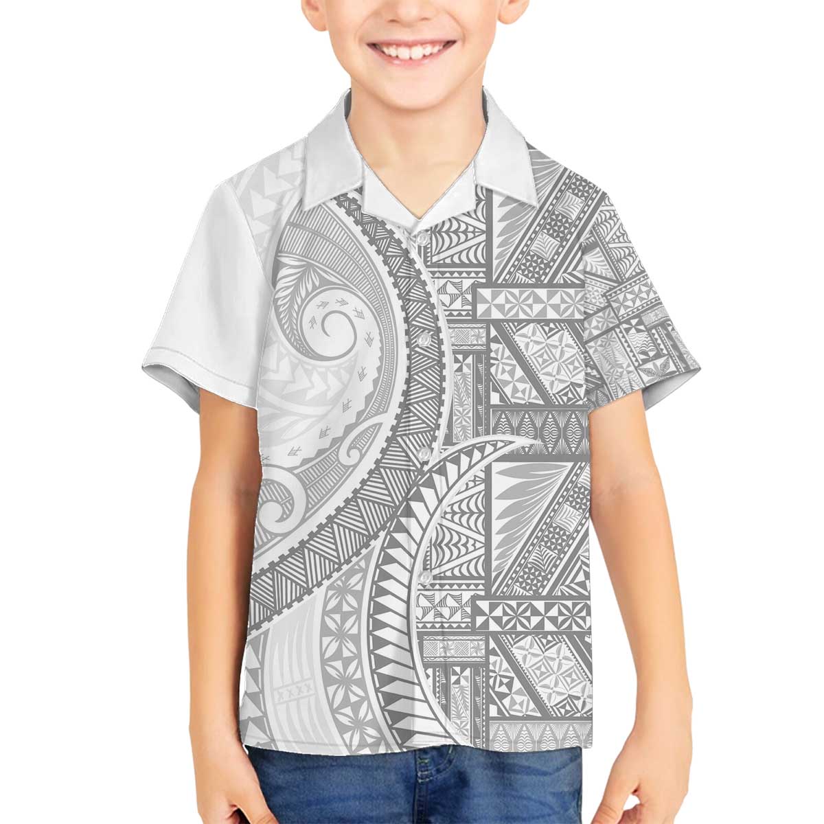Tonga White Sunday Family Matching Off The Shoulder Long Sleeve Dress and Hawaiian Shirt Lotu Tamaiti Ngatu Tribal LT9 Son's Shirt White - Polynesian Pride