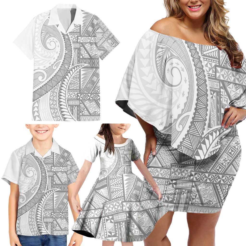 Tonga White Sunday Family Matching Off Shoulder Short Dress and Hawaiian Shirt Lotu Tamaiti Ngatu Tribal LT9 - Polynesian Pride