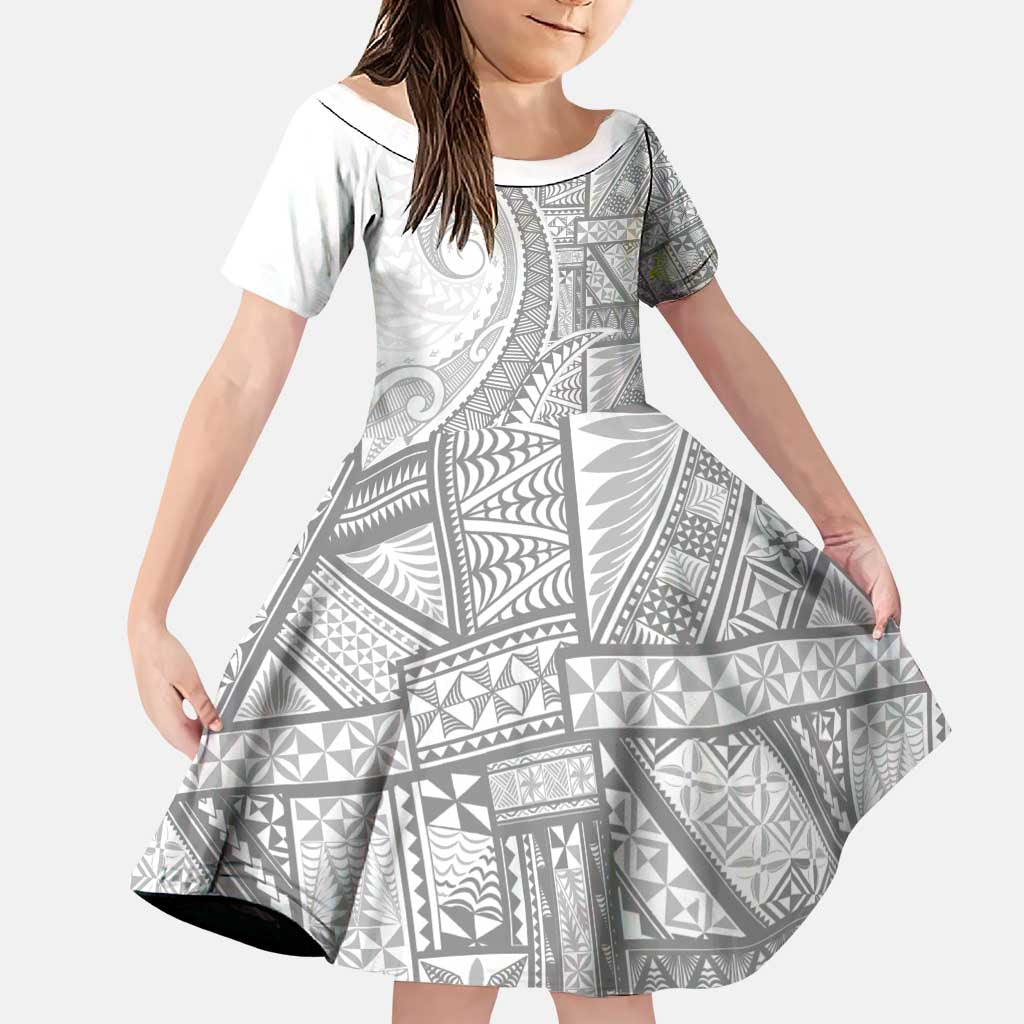 Tonga White Sunday Family Matching Puletasi and Hawaiian Shirt Lotu Tamaiti Ngatu Tribal LT9 Daughter's Dress White - Polynesian Pride