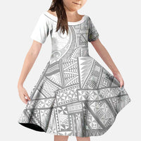 Tonga White Sunday Family Matching Short Sleeve Bodycon Dress and Hawaiian Shirt Lotu Tamaiti Ngatu Tribal LT9 Daughter's Dress White - Polynesian Pride